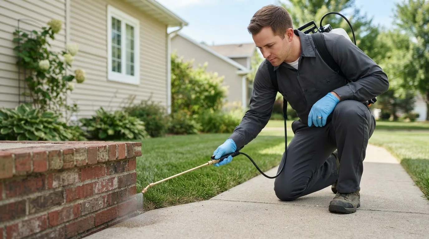 Pest control technician treating a home near United, PA